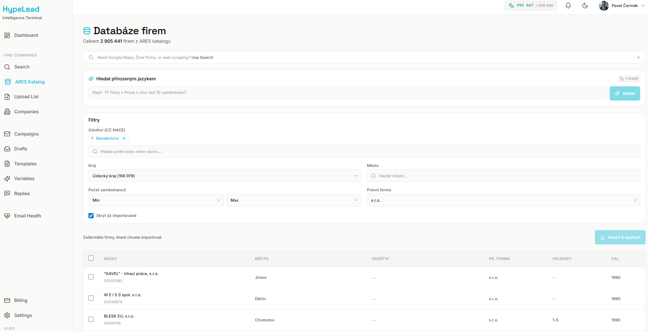 HypeLead platforma — databáze firem